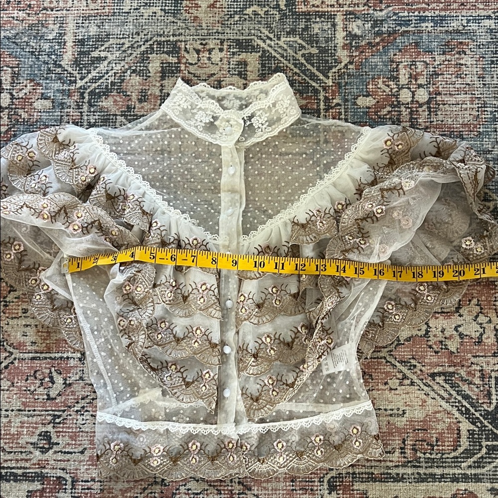 BEULAH Style Victorian-Inspired White Lace Blouse with Golden Embroidery Size: S - Picture 8 of 13